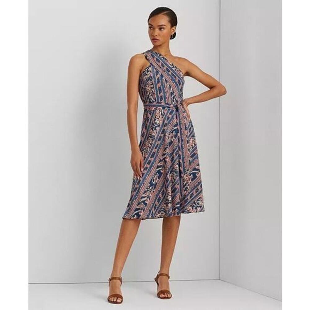 Lauren Ralph‎ LaurenWomen's Geo-Stripe Crepe One-Shoulder Dress NWT Women's  14